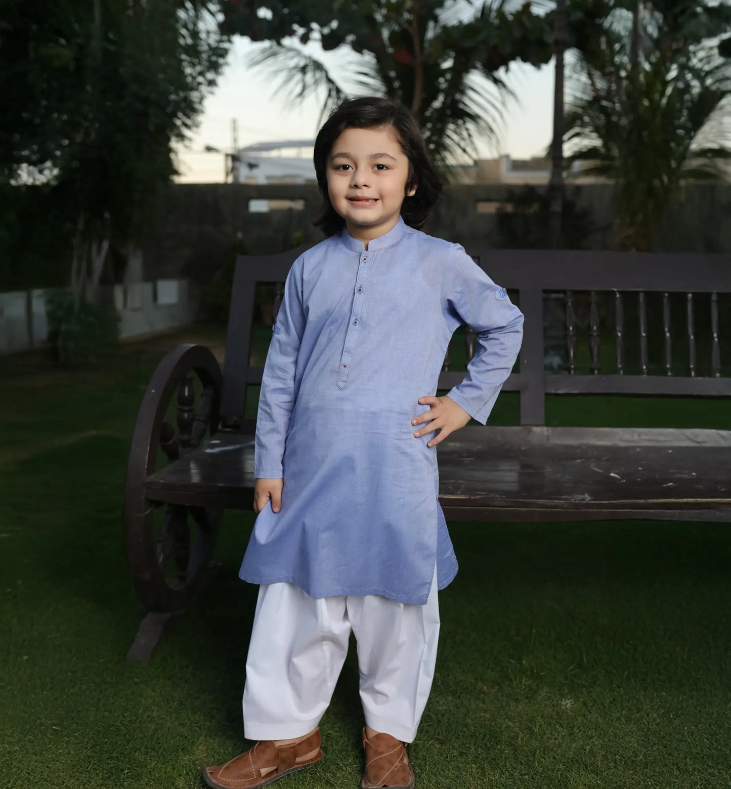 Kids Stone Blue Kurta & White Shalwar