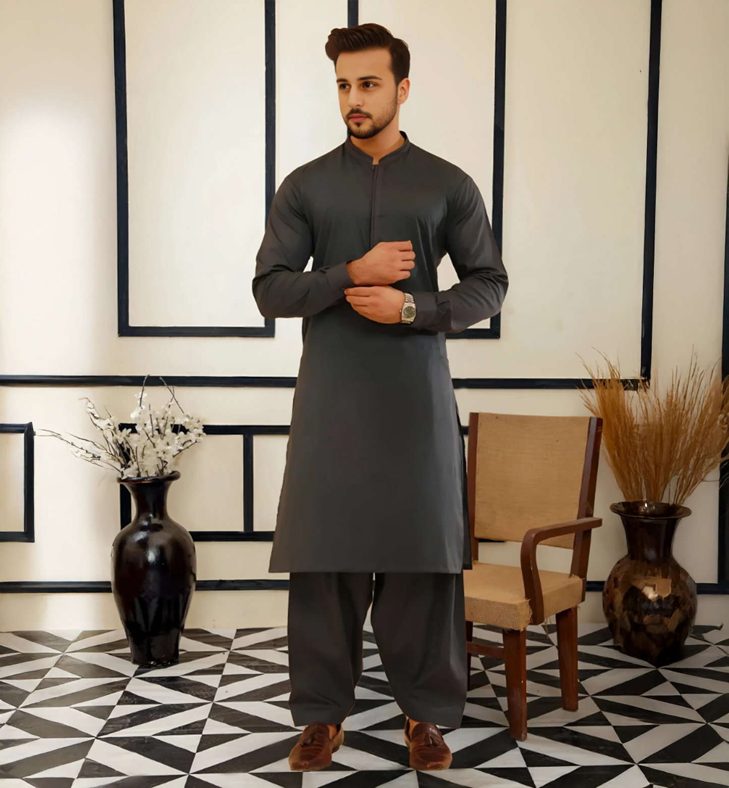 Dark Gray Men Shalwar Kameez