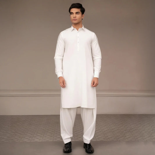 Plain White Wash n Wear Blended Shalwar Kameez