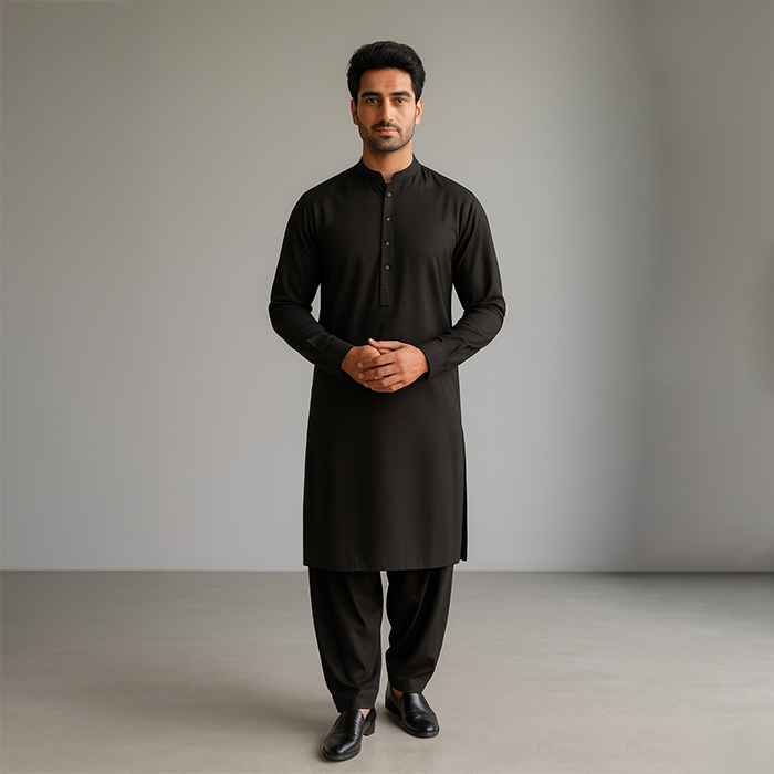 Pure Black Unstitched Men Cotton Shalwar Kameez